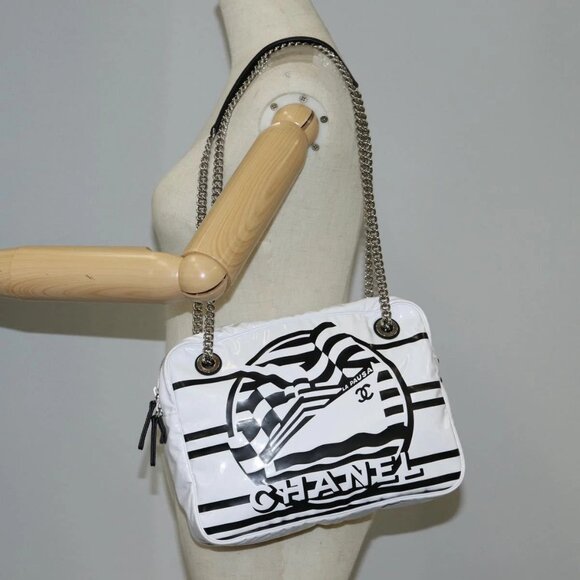 Chanel White Aquarium Calfskin PVC Quilted Large Silver  CHANEL Cruise line Chain Shoulder Bag Vinyl White Silver
